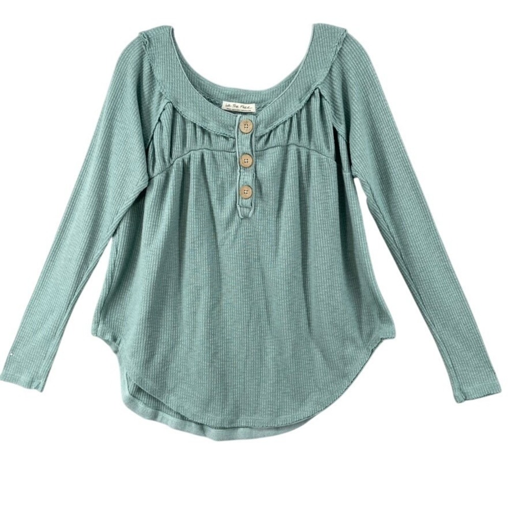 We The Free People Shirt Womens S Green Scoop Neck Waffle Knit Long‎ Sleeve Top